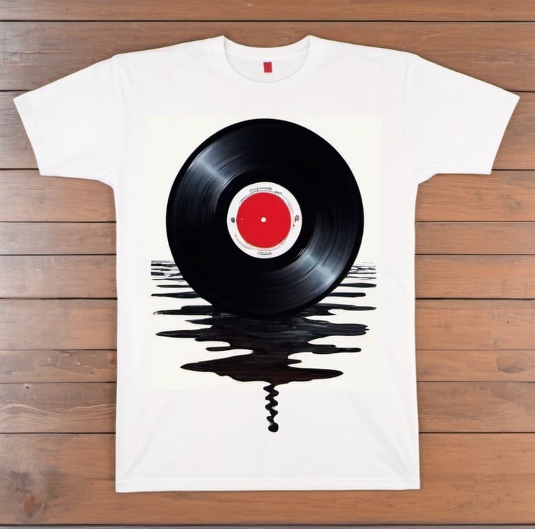 Prompt: a t - shirt with a record on it and a red disk on the water in the background, on a wooden floor, Altichiero, minimalism, grunge, a minimalist painting