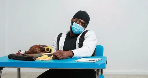 Prompt: a man with a beard and a mask on is sitting on a blue table in a room with a white wall, Dan Content, superflat, full body pose, a stock photo WITH A BIG BLACK MEAT AND A SMALL  BITCH GETTING RAMMED