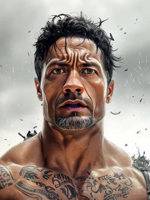 Prompt: Portrait of {the rock 30 years old} with {black} hair and with cute face, {dark background}, perfect composition, hyperrealistic, super detailed, 8k, high quality, trending art, trending on artstation, sharp focus, studio photo, intricate details, highly detailed, by greg rutkowski
