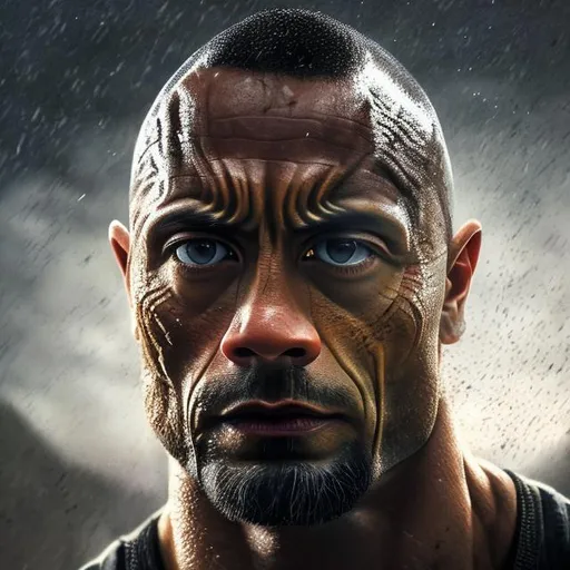 Prompt: Portrait of {the rock 30 years old} with {black} hair and with cute face, {dark background}, perfect composition, hyperrealistic, super detailed, 8k, high quality, trending art, trending on artstation, sharp focus, studio photo, intricate details, highly detailed, by greg rutkowski
