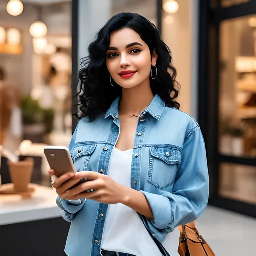 Prompt: photo of a Mediterranean lady with curly long black hair and with cute face,  in casual ware,  denim shirt, holding mobile phone,  in shopping mall, perfect composition, hyperrealistic, super detailed, 8k, high quality, trending art,  sharp focus, studio photo, intricate details, highly detailed
