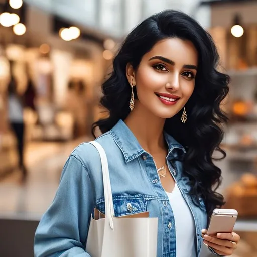 Prompt: photo of a Mediterranean lady with curly long black hair and with cute face,  in casual ware,  denim shirt, holding mobile phone,  shopping bags, in shopping mall, perfect composition, hyperrealistic, super detailed, 8k, high quality, trending art,  sharp focus, studio photo, intricate details, highly detailed
