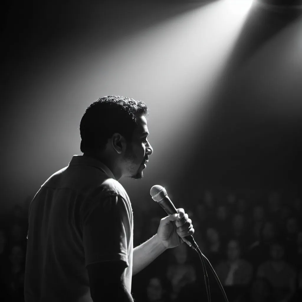 Prompt: a real life, black and white photo of a Hispanic man on a dark stage, taken from behind, speaking to an audience that is blurred out through a microphone, with a bright spotlight shining on him