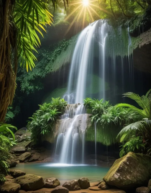 Prompt: crea una cascata tra le rocce con qualche dislivello verosimile, con piante tropicali e uccelli

