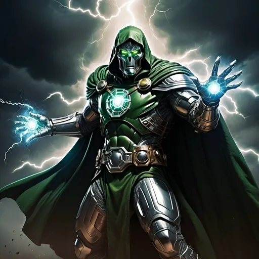 Prompt: (Comic accurate Doctor Doom), wielding powerful magic, intricate armor design, dramatic pose, glowing hands, epic energy swirling around, detailed textures, shadows enhancing the menacing atmosphere, (intense expression), (dynamic action scene), dark stormy background with lightning bolts, high contrast colors, ultra-detailed, cinematic quality, vibrant, powerful ambiance.