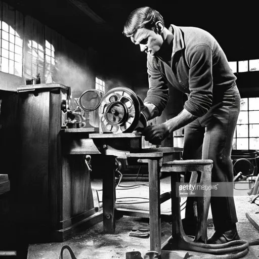 Prompt: depict a black and white image of a man building a machine in the 1960's