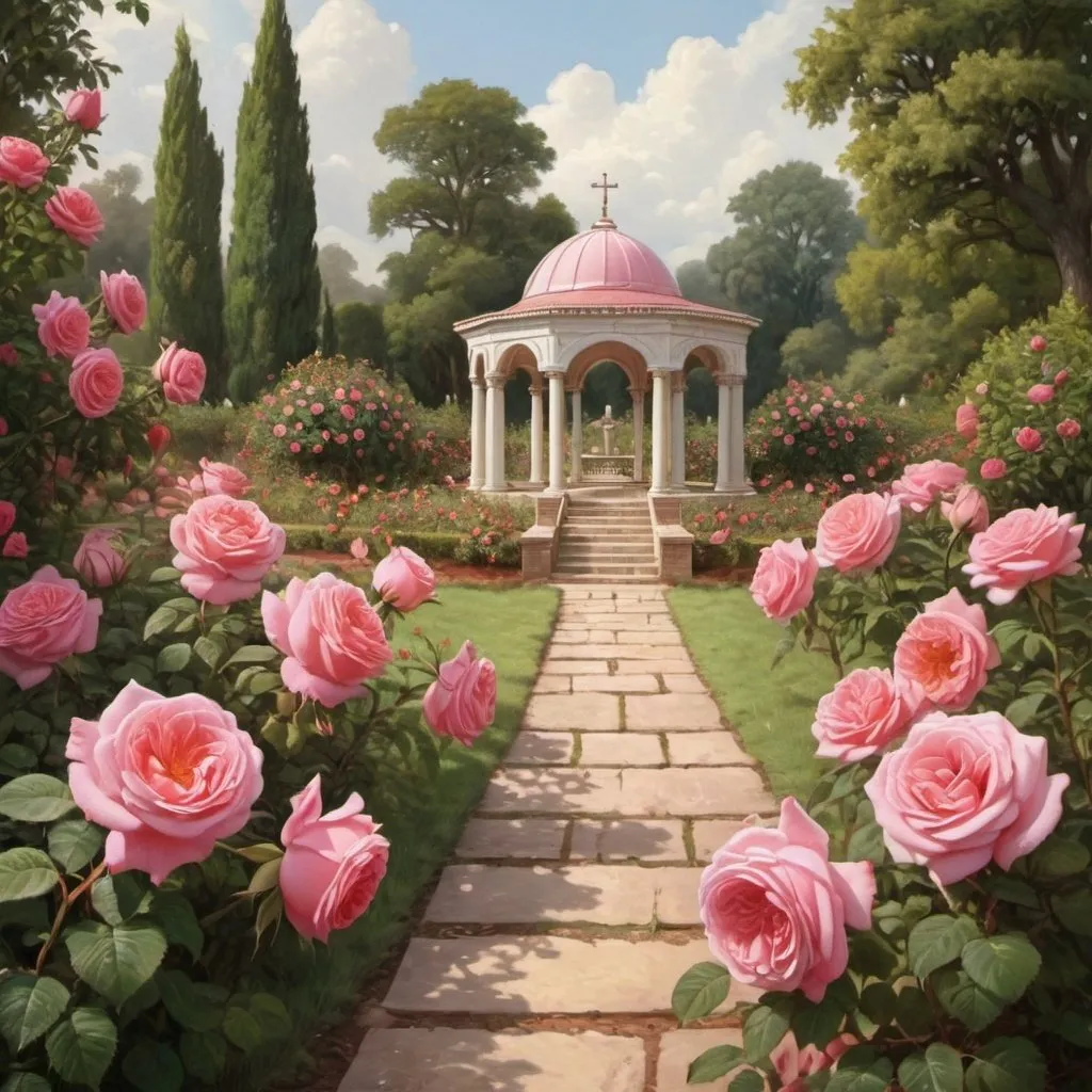 Prompt: Bible art of rose garden 