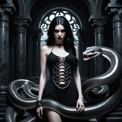 Prompt: Beautiful white girl with black hair, standing in a dark temple, her body is entwined by a large snake, infernal beauty, gothic style