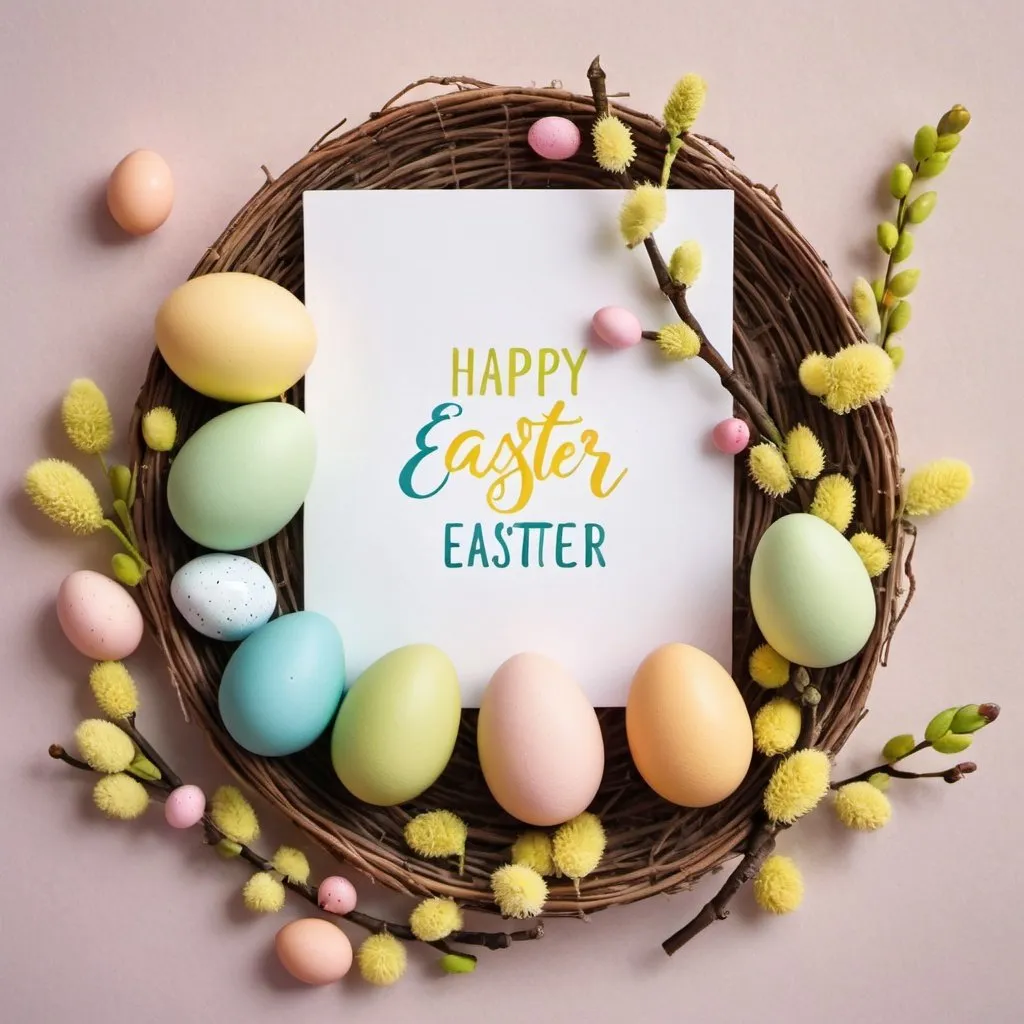 Prompt: Easter card with eggs and catkins, yellow, green, pink, blue pastel colors
