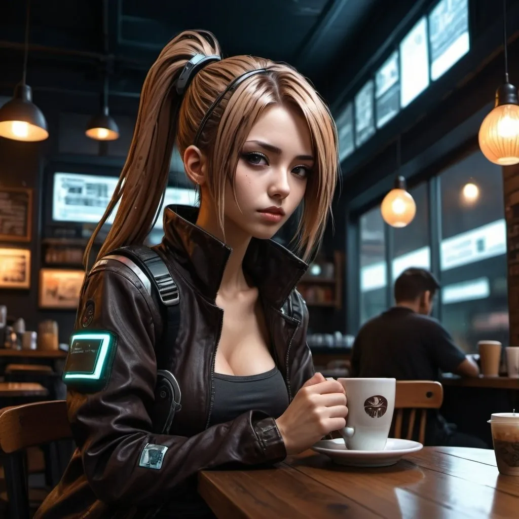 Prompt: Anime cyberpunk style, woman in coffee shop, highly detailed, HD, dark background