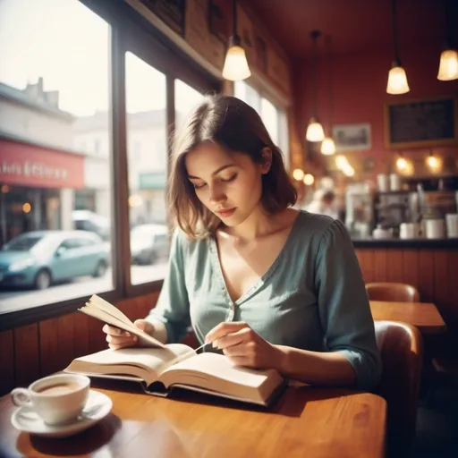 Prompt: Holga photography of woman reading book in cafe, low-fidelity dreamy aesthetic, flare, low quality, analog photography