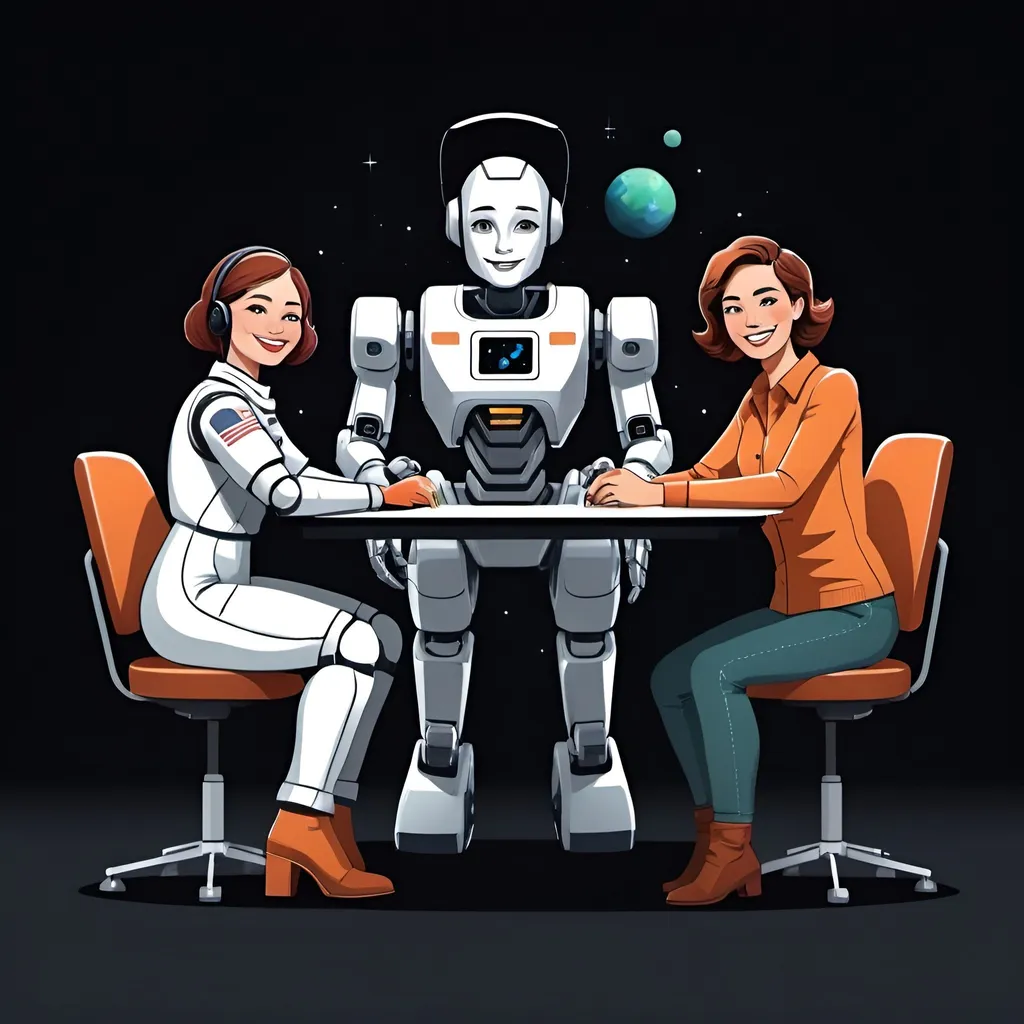 Prompt: You are a drawig artist. Create an illustration for a podcast cover: front view of a hi-tech robot sitting at a table with a farmer woman and a male astronaut smiling at the camera. Use empty dark background and keep empty space on the top of the picture.