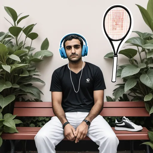 Prompt: a man sitting on a bench with headphones on his ears and a plant behind him with a tennis racket in his hand, Fathi Hassan, lyco art, denoised, a photocopy