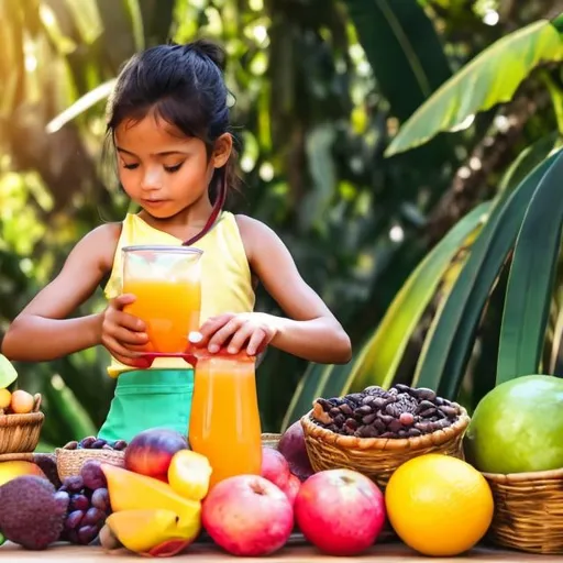 Prompt: Cover image for the website of a natural and tropical juice store that is concerned with health, food, and providing fresh coffee, coffee, and all tropical fruits
The front picture is of a girl preparing a cup of natural fruit juice, and around her on the table is a group of fresh fruits, without showing the crumbs’ face.