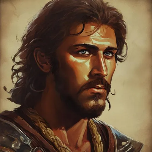 Prompt: 70s style grainy painting portrait of swashbuckler with slightly middle eastern facial features and a short beard, friendly charming look, dark medieval fantasy, vhs, grainy, conan the destroyer style, vintage graphic novel, nostalgic, the beastmaster, art by michael welan 