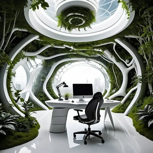 Prompt: futuristic work space incorporating nature
