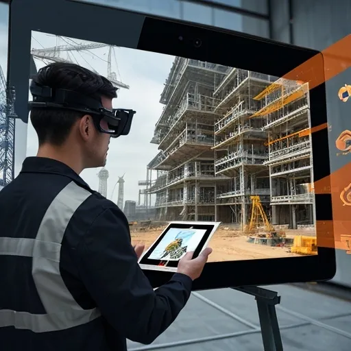 Prompt: futuristic construction site with engineers using tablet and computer and augmented reality.