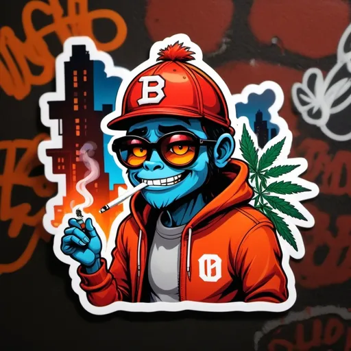 Prompt: (Brutus the Buckeye character) smoking cannabis, urban setting, gritty realism, modern streetwear, vibrant colors, high contrast, nighttime scene, smoky atmosphere, red and orange lighting, detailed urban background with graffiti, relaxed and rebellious mood, photorealistic, 4K, ultra-detailed