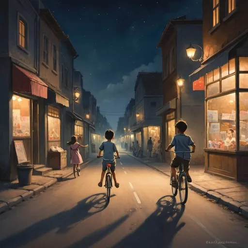 Prompt: "A night scene on a quiet road. A young boy is riding a bicycle, holding out a piece of paper towards a girl on another bicycle. The girl is riding ahead of him, accompanied by her father. Both bicycles are moving down the road, which is lined with a few shops and street lights casting a warm glow. The sky is dark, indicating it's nighttime, and the road is illuminated by the soft light from the street lamps and shop windows. The boy's expression shows he is keen on passing the paper to the girl."