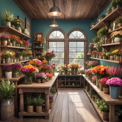 Prompt: hyperrealistic flower shop interior, vibrant floral arrangements, rustic wooden shelves, natural lighting, intricate details, vibrant colors, high resolution, hyperrealistic, floral abundance, botanical beauty, cozy ambiance, greenery-filled space
