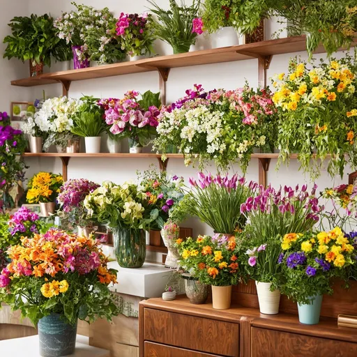 Prompt: hyperrealistic flower shop interior, vibrant floral arrangements, rustic wooden shelves, natural lighting, intricate details, vibrant colors, high resolution, hyperrealistic, floral abundance, botanical beauty, cozy ambiance, greenery-filled space