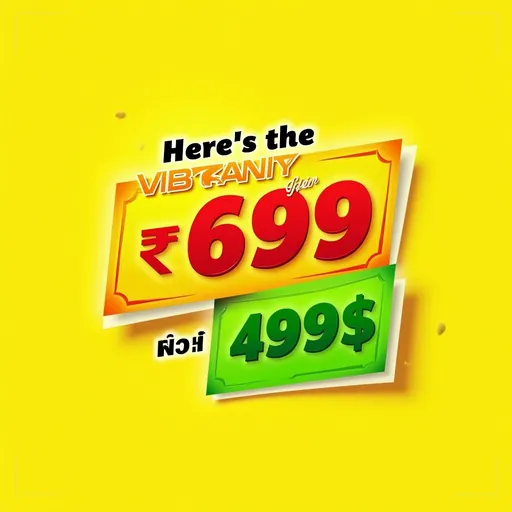 Prompt: (accurately spelled text "Here's the vibrant offer"), vibrant sticker design, yellow background, bold red (₹699) with strikethrough, bold green (₹499), decorative border, subtle shadows, highlights, dynamic layout, eye-catching elements, professional appearance, emphasized discount price, minimalistic yet attractive style, high quality, print-ready design.