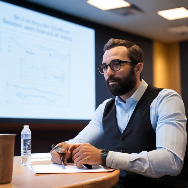 Prompt: a man sitting at a table while presenting
