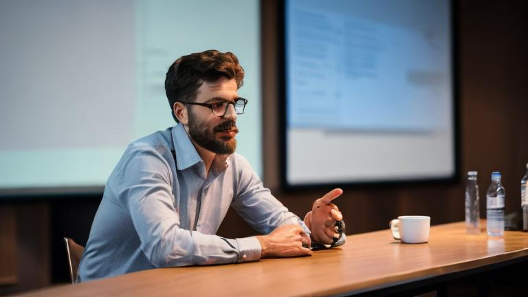 Prompt: man sitting at a table while boringly presenting in front of an audience
