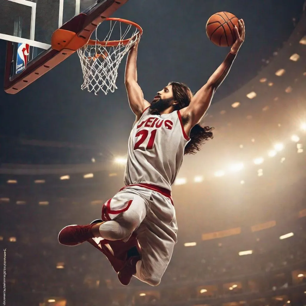 Prompt: Jesus dunking