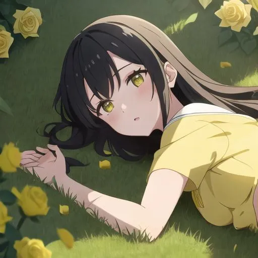 Prompt: a girl lying on the grass with yellow roses