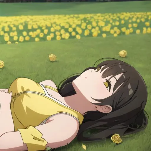 Prompt: a girl lying on the grass with yellow roses everywhere