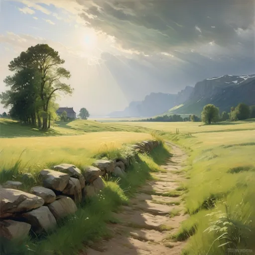 Prompt: oil painting of lush field, with path in dawn by anders zorn, wonderful art by Caspar David Friedrich, incredible lighting, shadows, beautiful cinematic light, german romanticism, tall rocky mountains and storm clouds, sun rays, sunshine, bright sunny summer day, stone walls