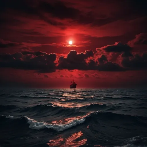 Prompt: In the middle of a vast ocean, the night is dark but the sky is red from the end of the world, old photos, realistic images.