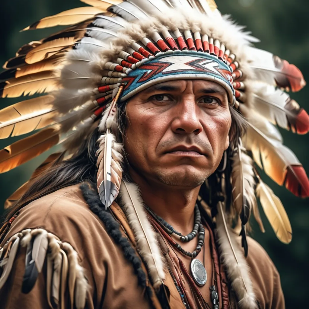 Prompt: a man in a native american headdress looks at the camera with a serious look on his face, Altichiero, antipodeans, realistic character concept, a colorized photo