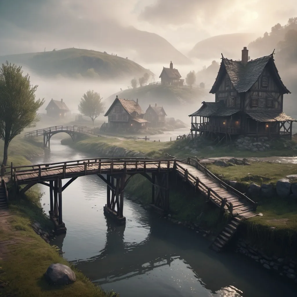 Prompt: small settlement, foggy, bridge and river, dramatic fantasy settlement scene, cinematic lighting