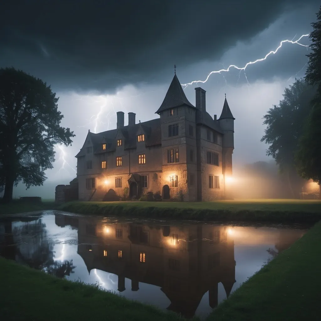 Prompt: medieval manor house, foggy, moat, storm, lightning, cinematic lighting