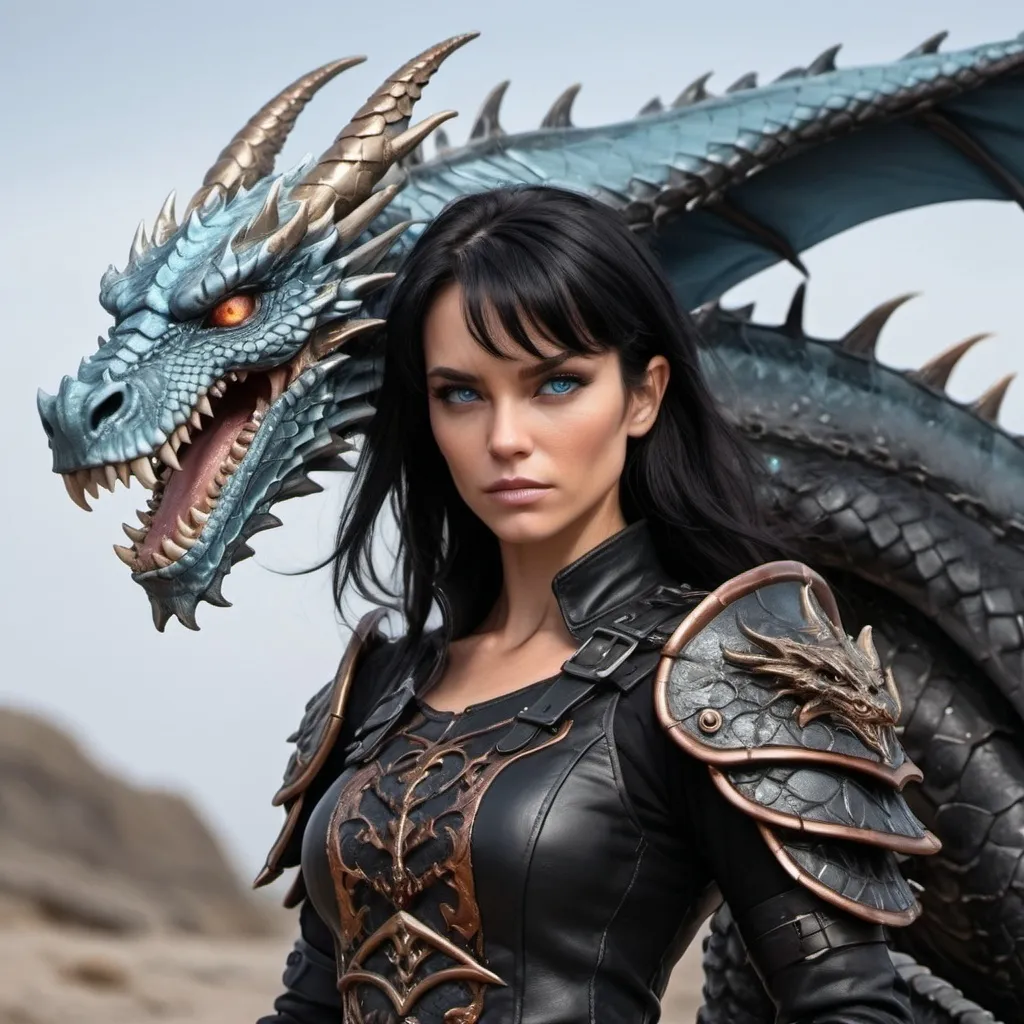 Prompt: black haired witch square jaw, ice blue eyes, tanned skin, aggressive warlike looking with black leather armour with a black and copper scaled dragon standing forehead to forehead with the dragon