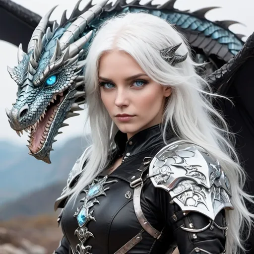 Prompt: White haired beautiful witch, ice blue eyes, black leather armour with a silver and copper scaled dragon behind, with head over her shoulder