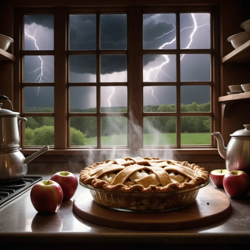 Prompt: steaming elaborate apple pie, in a fantasy kitchen with windows looking out on a thunderstorm