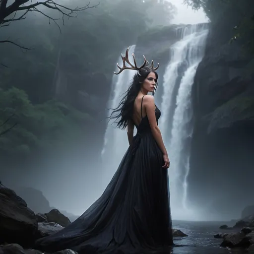 Prompt: waterfall,  foggy, storm, deer, fairy princess dark hair, black gown, lightning, cinematic lighting