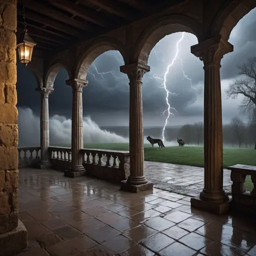 Prompt: fierce violent storm seen from medieval patio with pillars at midnight with mist and wolves 