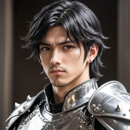 Prompt: anime handsome male in silver studded armour, bare faced, black hair upper body and face and hair 