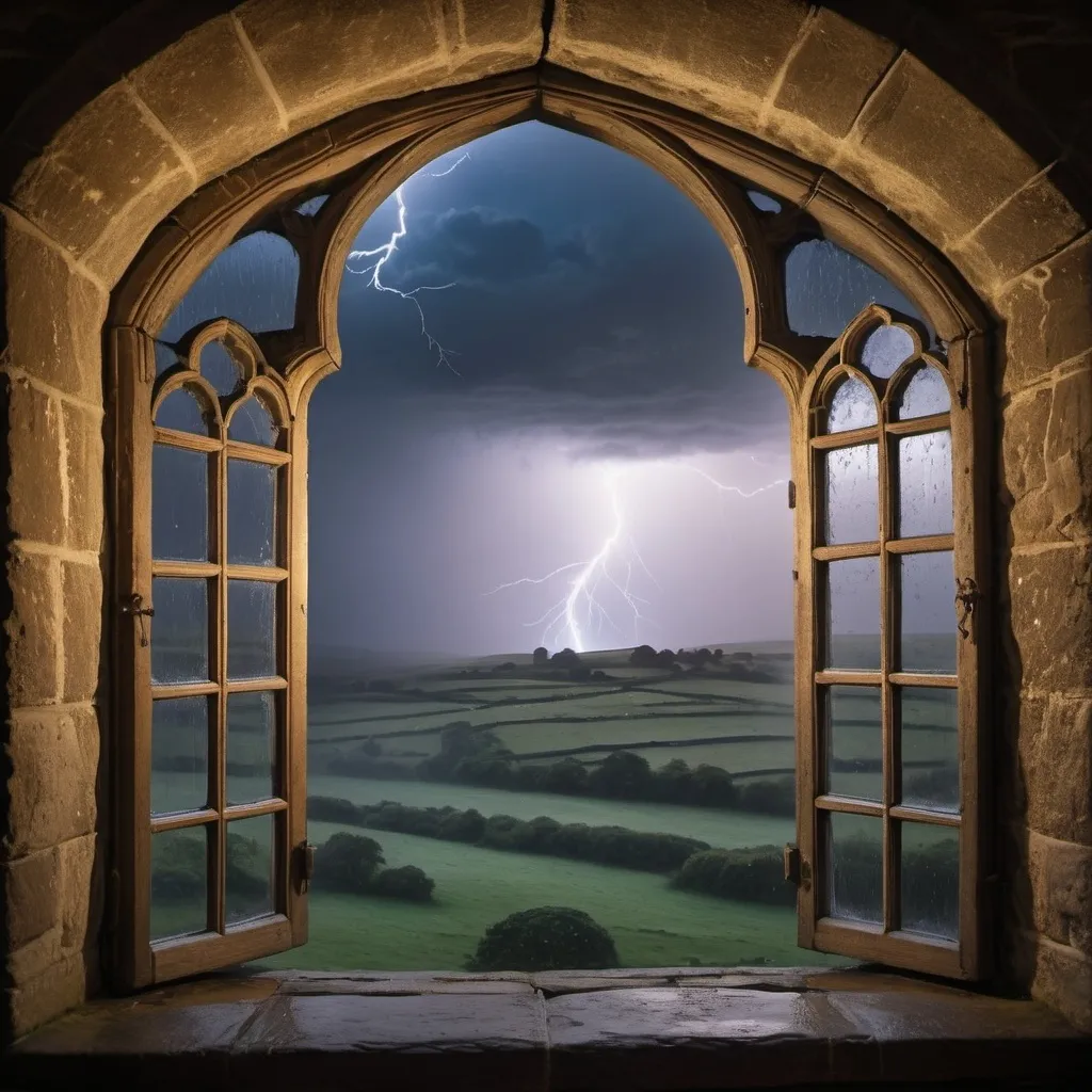 Prompt: view through a medieval window, rainswept moors, mist, lightning, midnight
