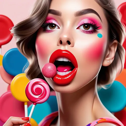 Prompt: A captivating and eye-catching flyer design featuring a realistic illustration of a woman's lips painted with vibrant red and pink hues. The lips are holding a playful, colorful lollipop. The overall texture of the poster resembles an abstract painting, adding a unique and artistic touch. The design is intended to grab attention and promote an event or product, with no background to emphasize the main subject., illustration, poster, photo