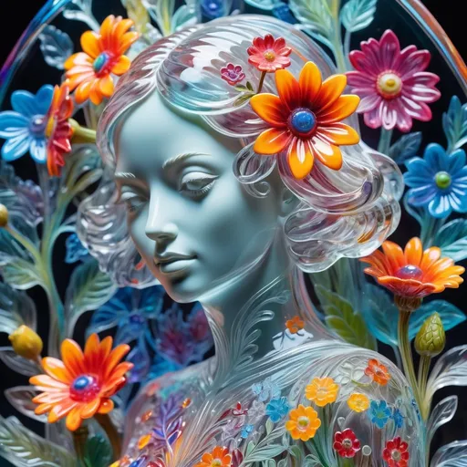 Prompt: A detailed and vibrant transparent glass sculpture of a woman with flowers, intricate details, surreal, colorful background