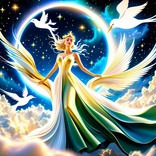 Prompt: A mesmerizing, cinematic 3D render of a woman floating gracefully amidst lush clouds, dressed in an exquisite, flowing gown. Her elegant attire is a fusion of ethereal white and celestial gold. The celestial arch above her, adorned with stars and galaxies, casts a dreamy, heavenly glow that illuminates the scene. Surrounding her are majestic birds of various species, adding an element of wildlife and depth to the reality-defying landscape., photo, 3d render, cinematic, wildlife photography, fashion