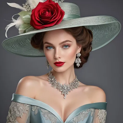 Prompt: Create a realistic image of a sophisticated woman with a slender build and fair skin tone, featuring large, expressive blue eyes and full red lips. Her brown curly hair falls elegantly past her shoulders, framing her face. She wears a luxurious wide-brimmed silver hat adorned with delicate lace, feathers, and a prominent red rose with green foliage. A pair of intricate, dangling silver earrings and a matching necklace with a large red gem centrepiece embellish her ears and neck respectively. The woman is clad in a satin off-the-shoulder ball gown, with a fitted bodice displaying an elaborate design of swirls and floral patterns, enhanced by silver embroidery and red gemstone accents. The long sleeves drape gracefully and transition into sheer lace extending onto her hands, which hold a single, perfect red rose. The remainder of the gown is simple yet elegant, allowing the detailed bodice to be the centrepiece. The background is a soft gradient of pastel pinks, adorned with subtle swirl