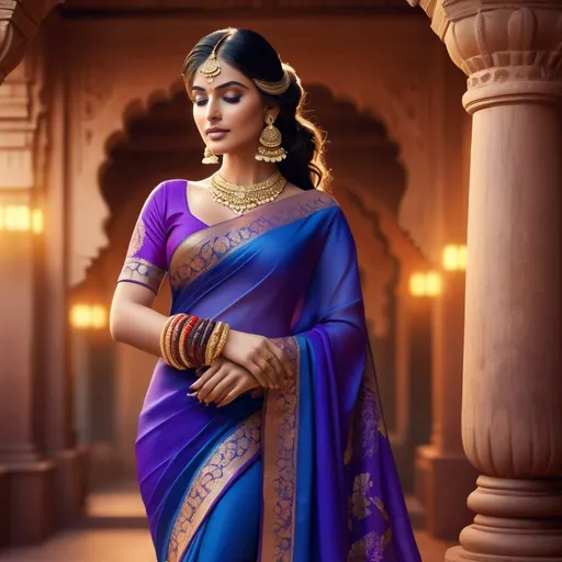 Prompt: An exquisite 3D render conceptual art piece showcasing a stunning woman dressed in a vibrant, traditional Indian attire. She is wearing a blue and purple saree adorned with intricate gold floral patterns, complemented by gold bangles on her wrist. Her long, flowing hair cascades down her back, and her gaze is captivating as it meets the viewer's eye. The warm and neutral tones of the background create a serene and cinematic atmosphere, highlighting the fashionable and vibrant nature of the scene., conceptual art, cinematic, fashion, 3d render, vibrant