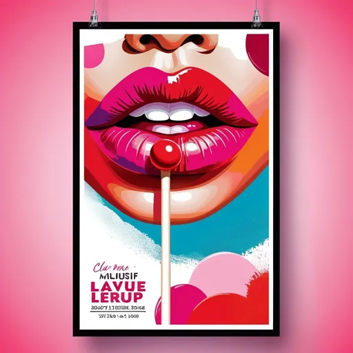 Prompt: A captivating and eye-catching flyer design featuring a realistic illustration of a woman's lips painted with vibrant red and pink hues. The lips are holding a playful, colorful lollipop. The overall texture of the poster resembles an abstract painting, adding a unique and artistic touch. The design is intended to grab attention and promote an event or product, with no background to emphasize the main subject., illustration, poster, photo