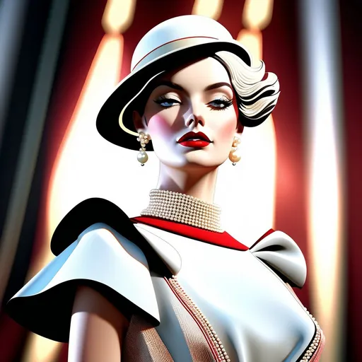 Prompt: A captivating 3D render of a fashionable woman from the early 20th century, masterfully illustrated by Soniam. The subject is dressed in a stunning outfit, including a white tilted hat and a bob hairstyle. Her face is adorned with a rosy blush and a bold red lipstick, exuding confidence and glamour. A delicate multi-stranded pearl necklace adds a touch of elegance to her attire. The muted, cinematic background allows her to stand out prominently, drawing the viewer's eye to her captivating presence., cinematic, illustration, fashion, 3d render